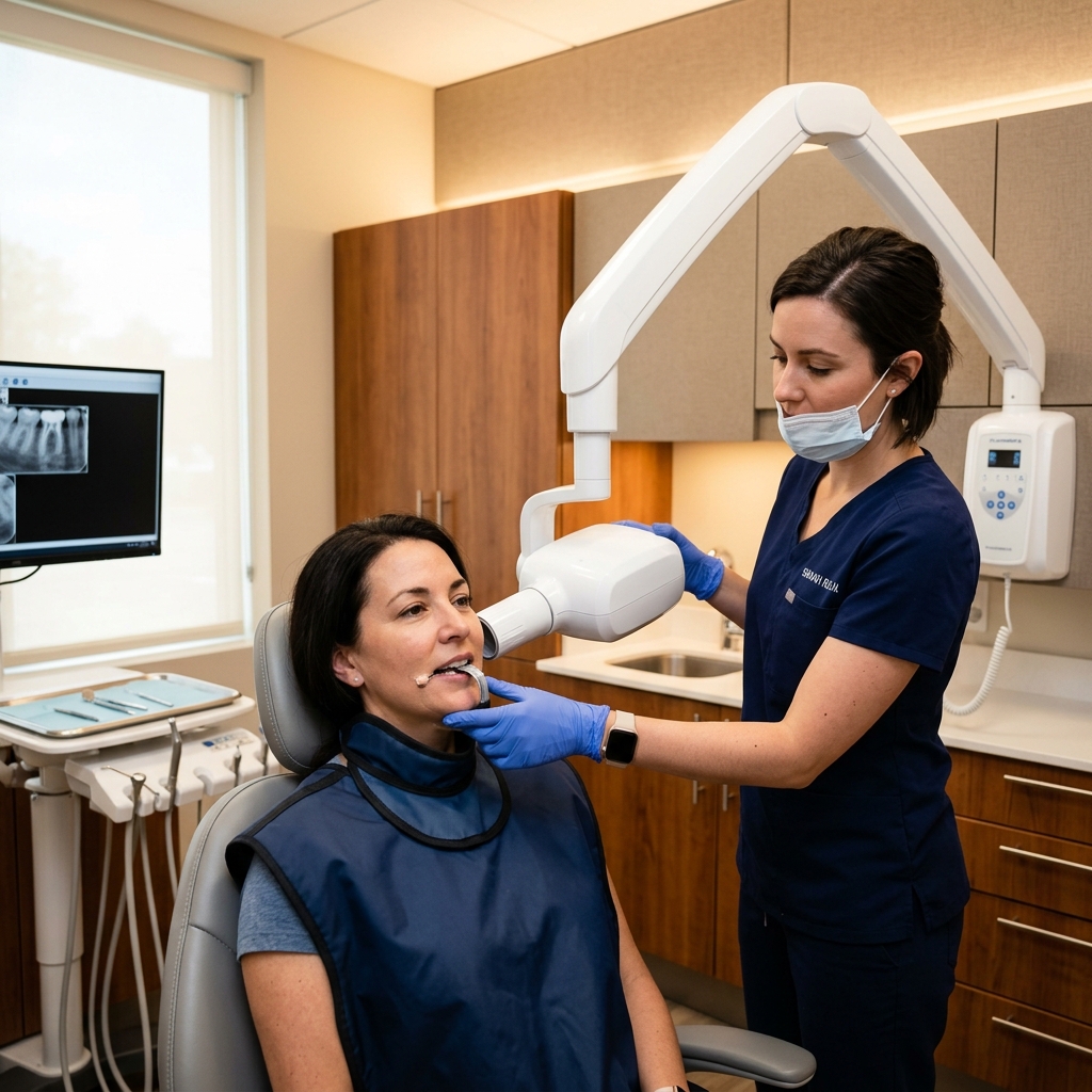Patient receiving a digital dental X-ray with advanced low-radiation equipment